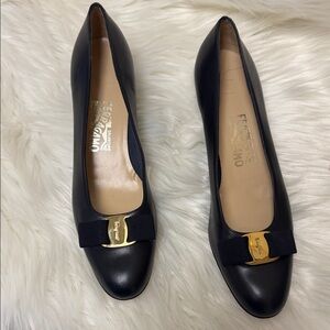 Salvatore Ferragamo Navy Blue Leather Flats with Gold Buckle